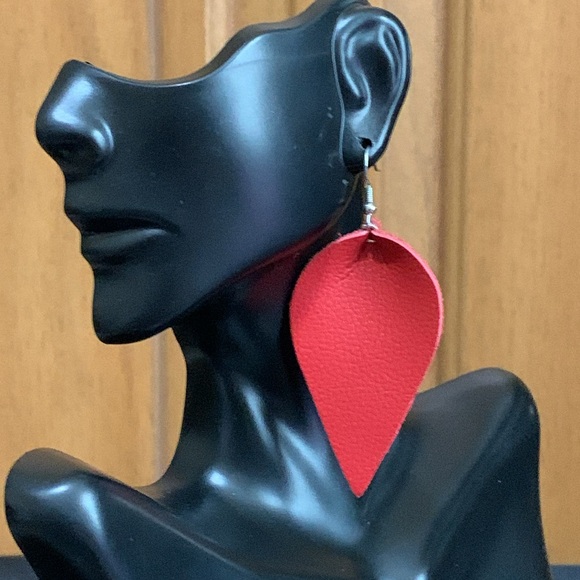 Boho Red Leather Leaf Earrings - Picture 2 of 4